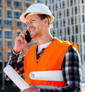 construction worker talking on phone holding plans Super Hero Build contractor Los Angeles