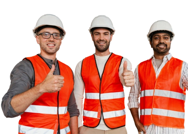 construction workers wearing safety vests team Super Hero Build Los Angeles construction company